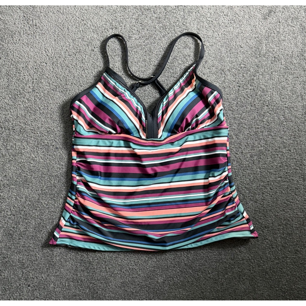 Kona Sol Womens Striped Tankini Swim Top Multi-Color V-Neck Padded Medium